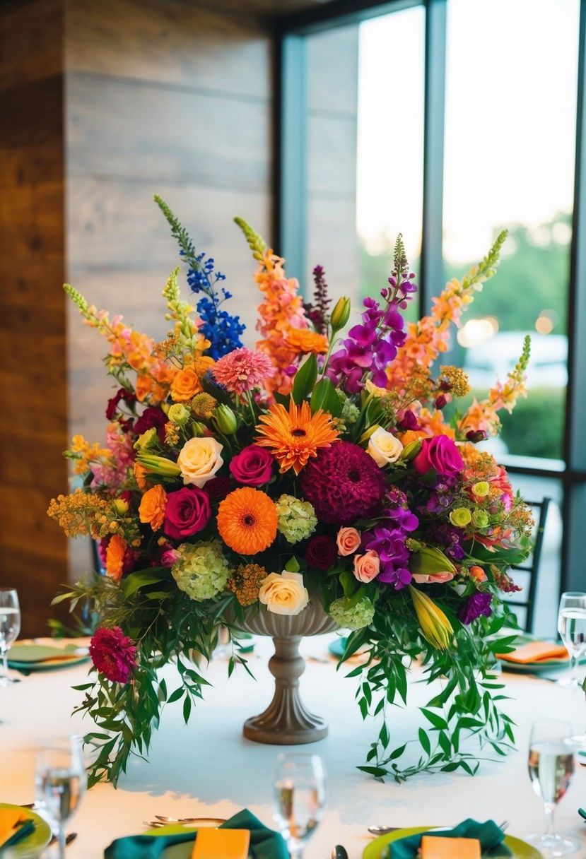 A vibrant centerpiece of bold florals in various hues and sizes, arranged in a cascading design on a wedding table