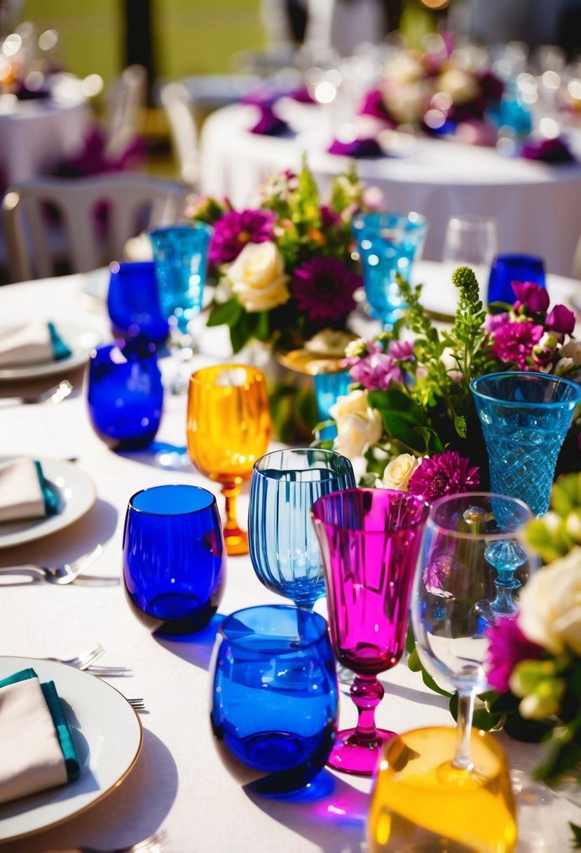 A table adorned with vibrant glassware in various shapes and sizes, catching the light and adding a pop of color to the wedding decor