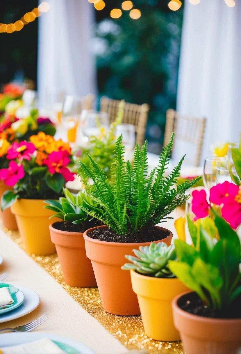 Vibrant potted plants adorn a wedding table, adding charm and color to the decor