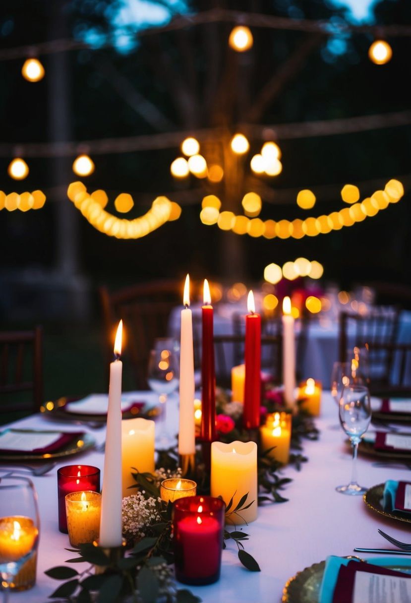 A dimly lit wedding table adorned with colorful candles