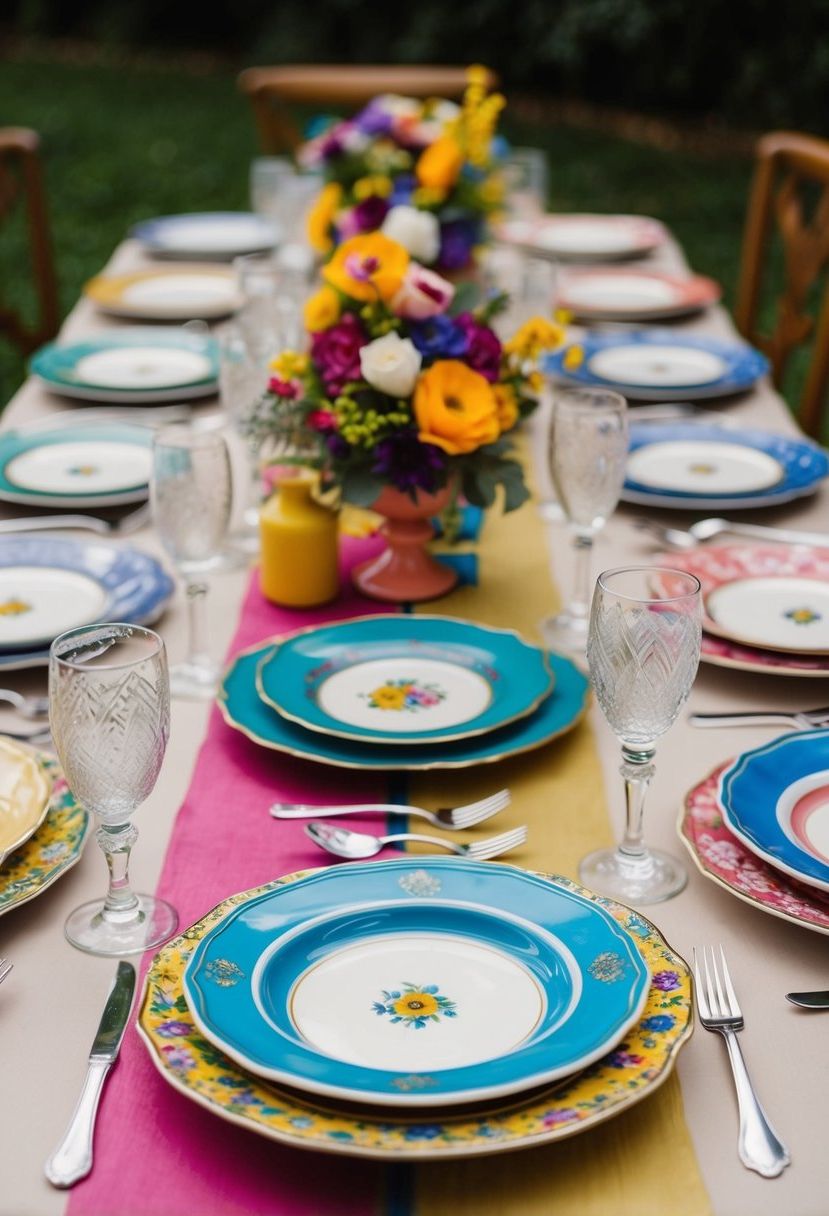 A table set with a mix of vintage plates in various colors and patterns, creating a vibrant and eclectic wedding decoration