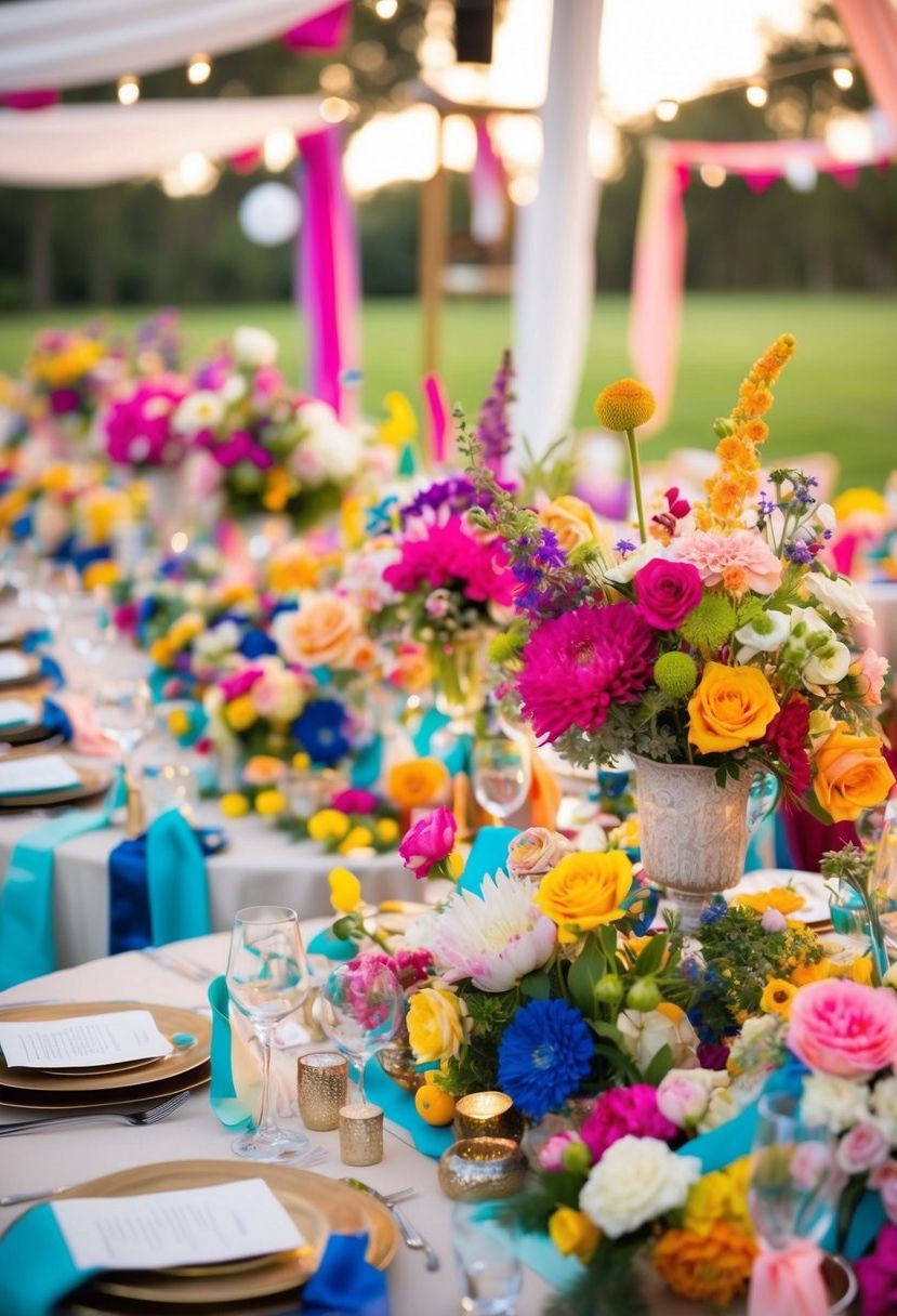 A vibrant array of flowers, ribbons, and unique trinkets adorn each table, creating a lively and personalized atmosphere for the wedding celebration