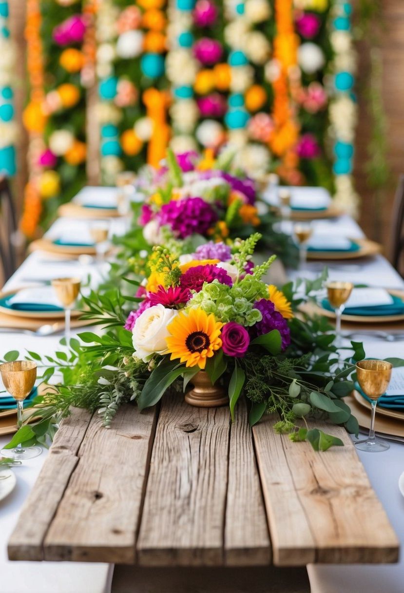 A rustic wooden table runner adorned with vibrant flowers and greenery, set against a backdrop of colorful wedding table decorations