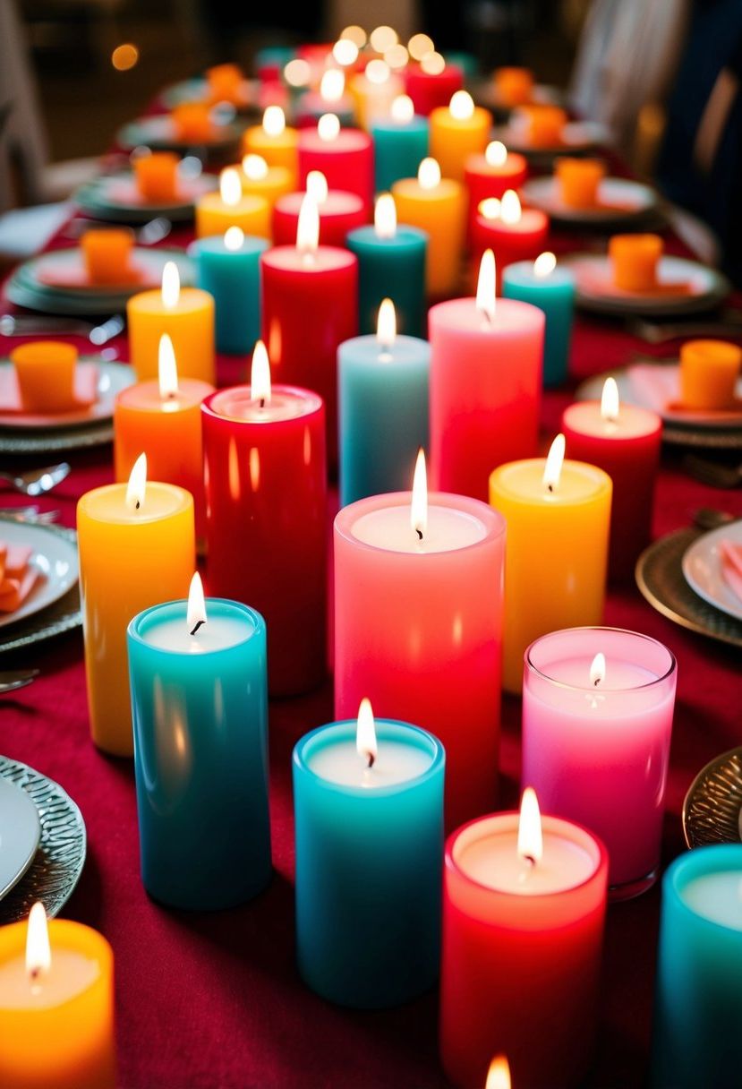 Vibrant candles in various sizes and colors arranged on a festive wedding table