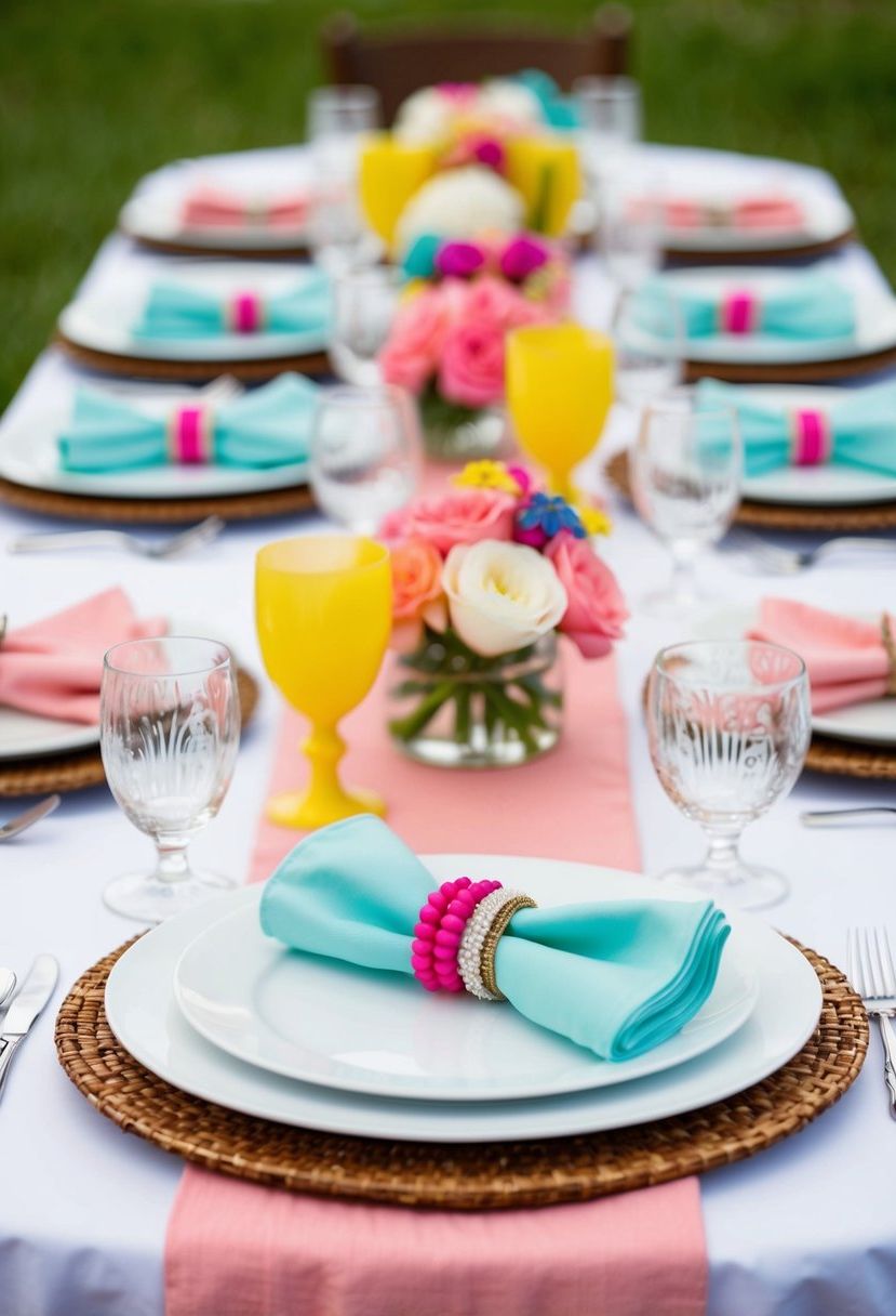 A table set with pastel-colored napkins and vibrant wedding decor