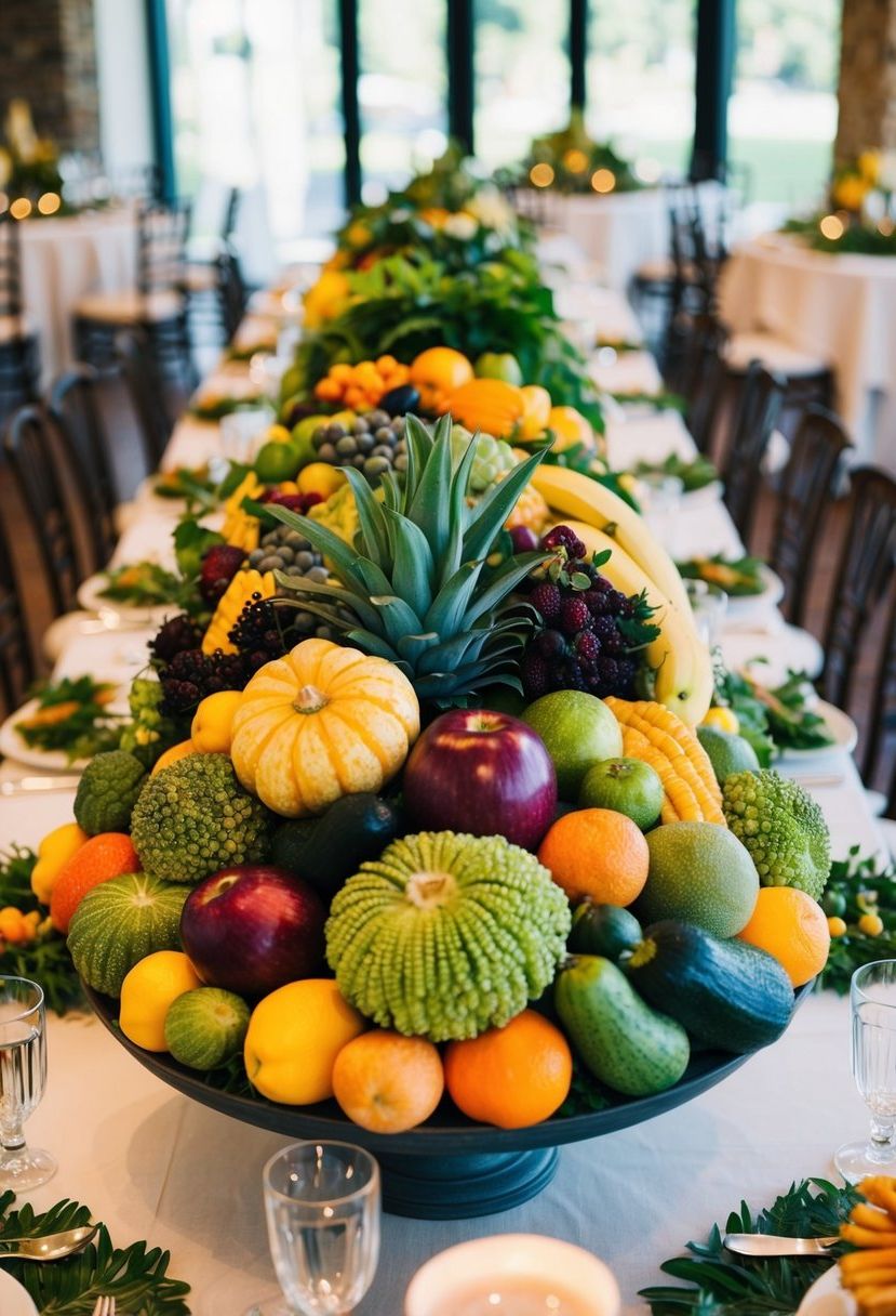 A vibrant display of seasonal produce creates a stunning wedding table centerpiece. Rich colors and textures bring life to the arrangement