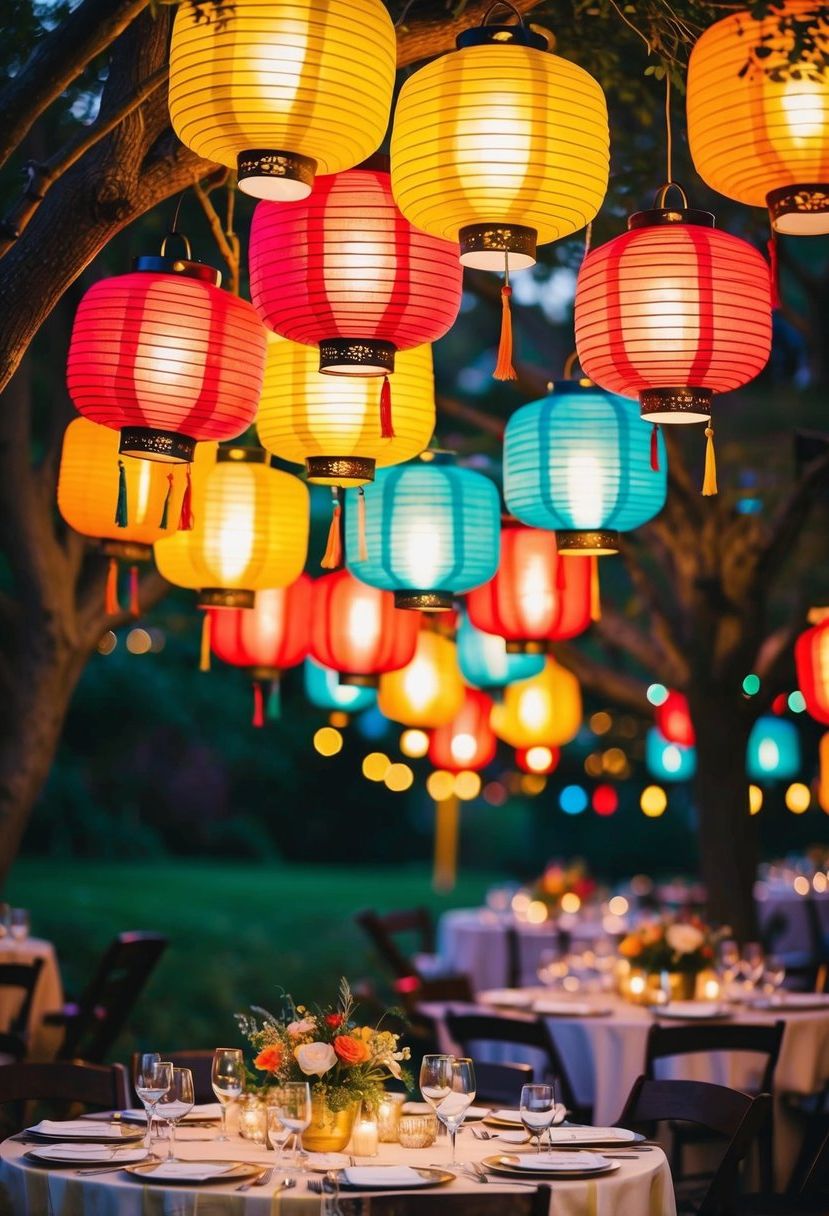 Colorful lanterns hanging from trees, illuminating an outdoor wedding table with charm and warmth