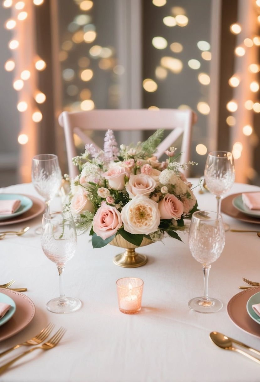 A softly lit sweetheart table adorned with elegant pastel colors