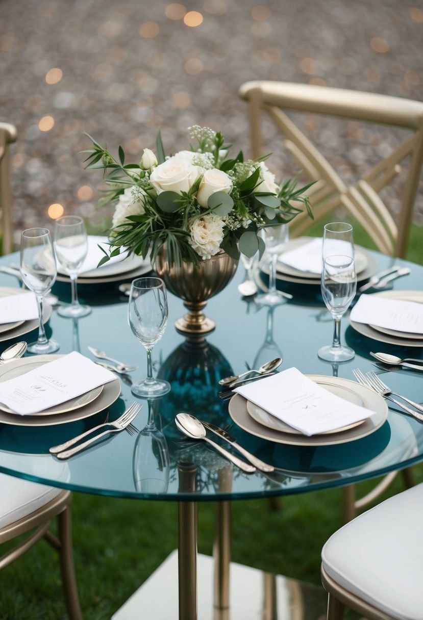A modern glass table with metallic accents, set for a wedding sweetheart table