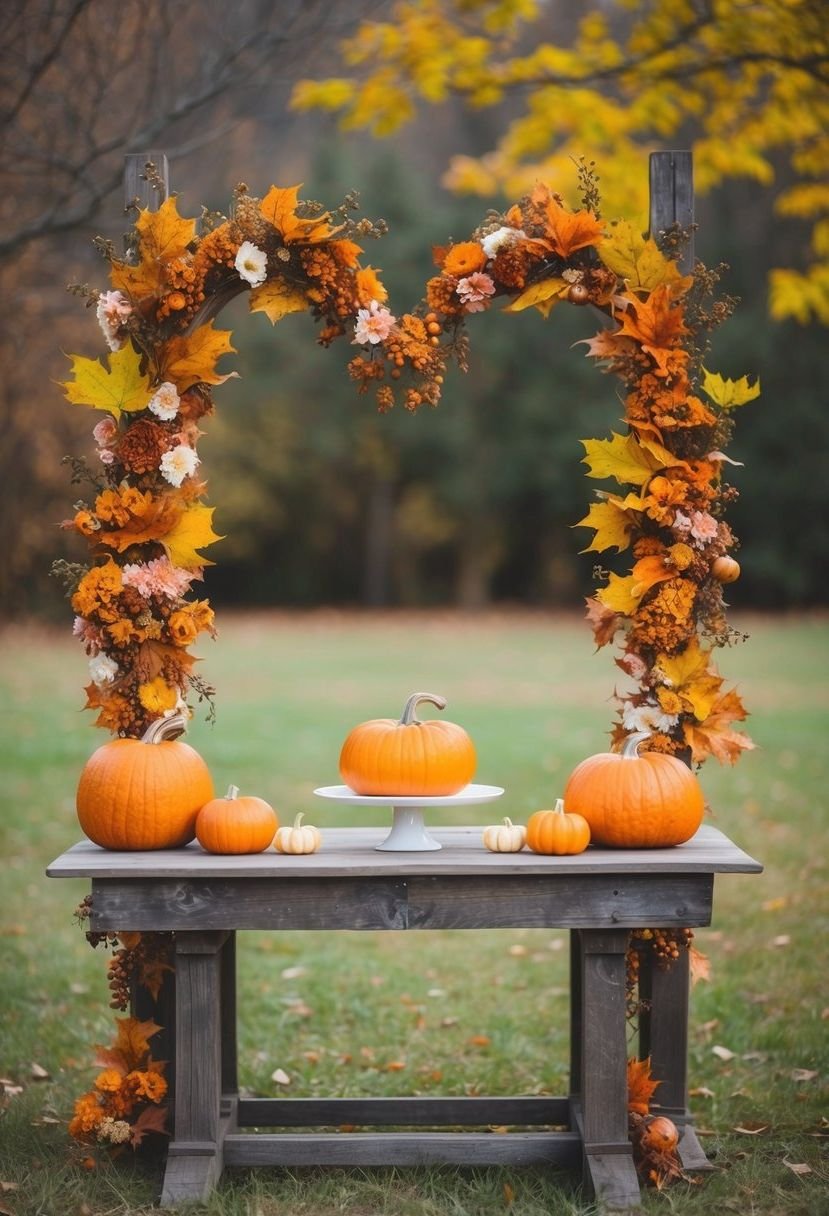 A rustic wooden sweetheart table adorned with autumn leaves and pumpkins, or spring blossoms and delicate flowers, set against a backdrop of changing foliage