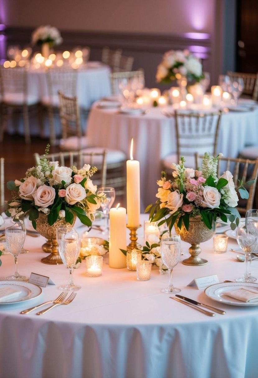 A beautifully decorated sweetheart table at a wedding reception, with elegant floral centerpieces, romantic candlelight, and delicate table settings