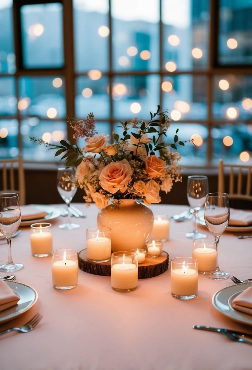 A romantic sweetheart table with floating candle centerpieces and delicate floral arrangements