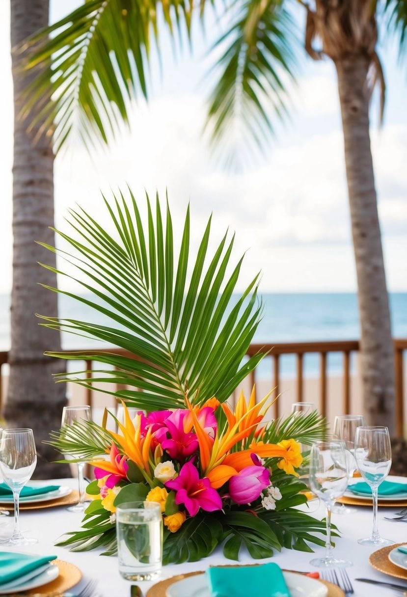 A tropical-themed sweetheart table with vibrant florals and palm leaves as the centerpiece