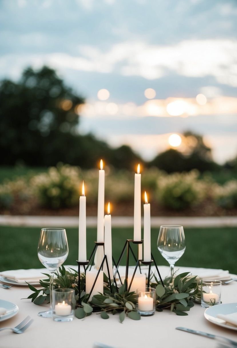 A simple, modern table with geometric candle holders, set for a wedding sweetheart table