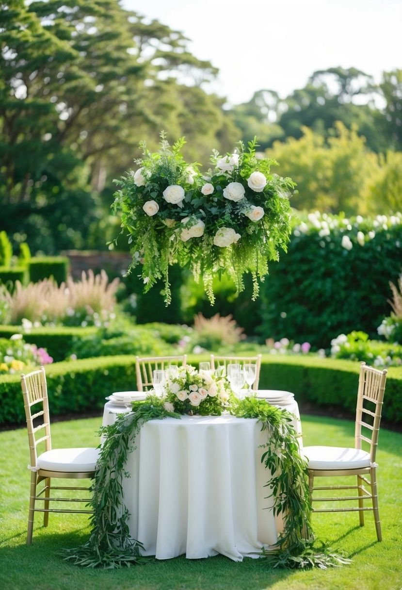 A lush garden setting with a cascading greenery adorned sweetheart table for a wedding