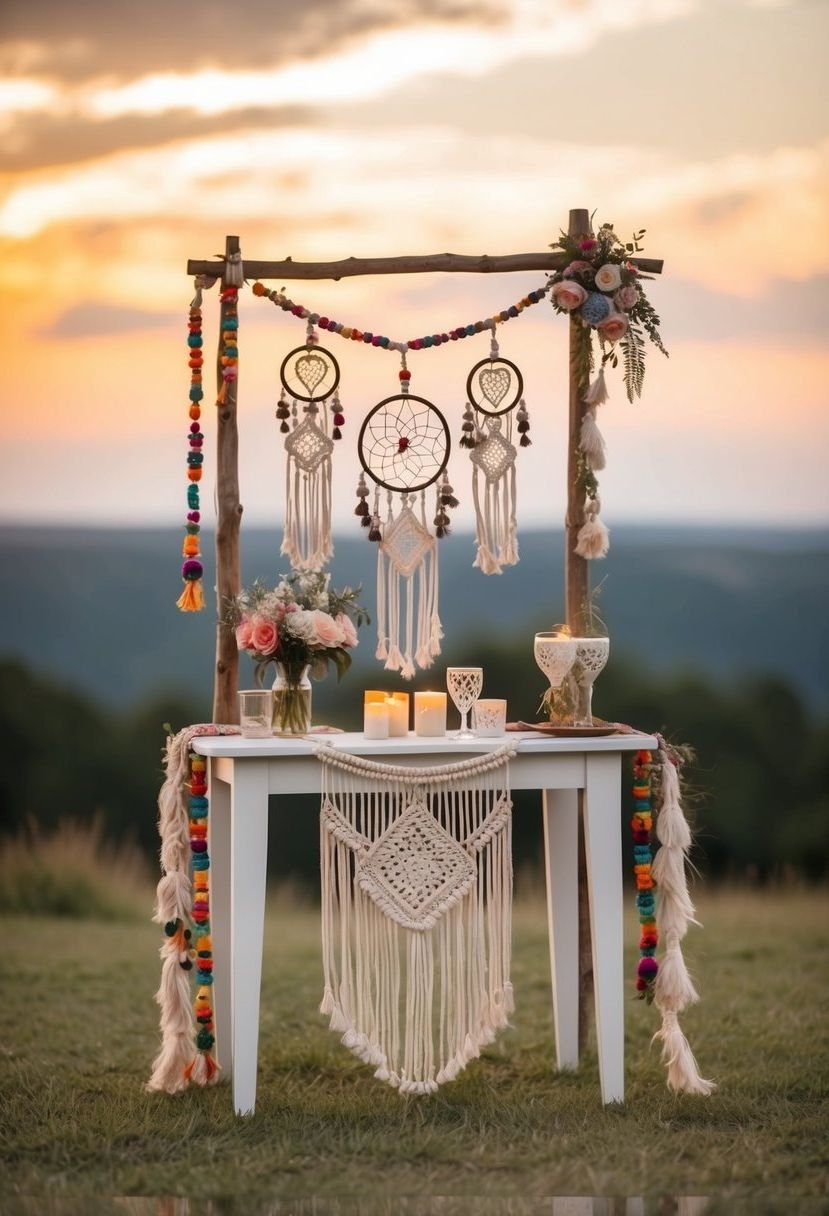 A bohemian-themed sweetheart table adorned with macrame and dream catchers