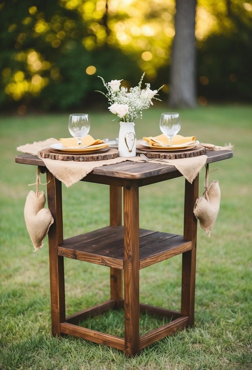 A rustic wooden sweetheart table adorned with burlap accents