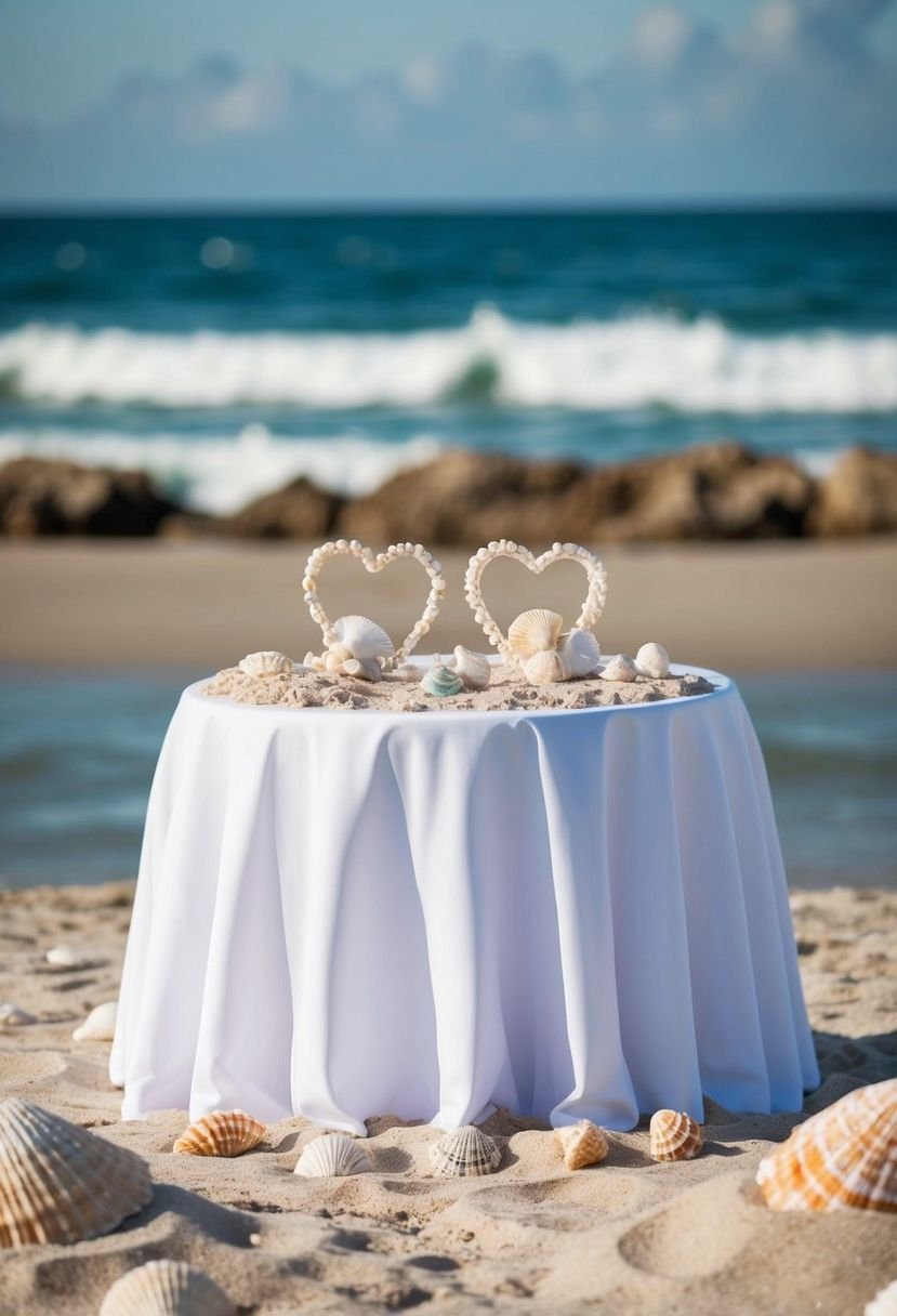 A sweetheart table by the seaside, adorned with seashells and sand decorations, overlooking the ocean waves