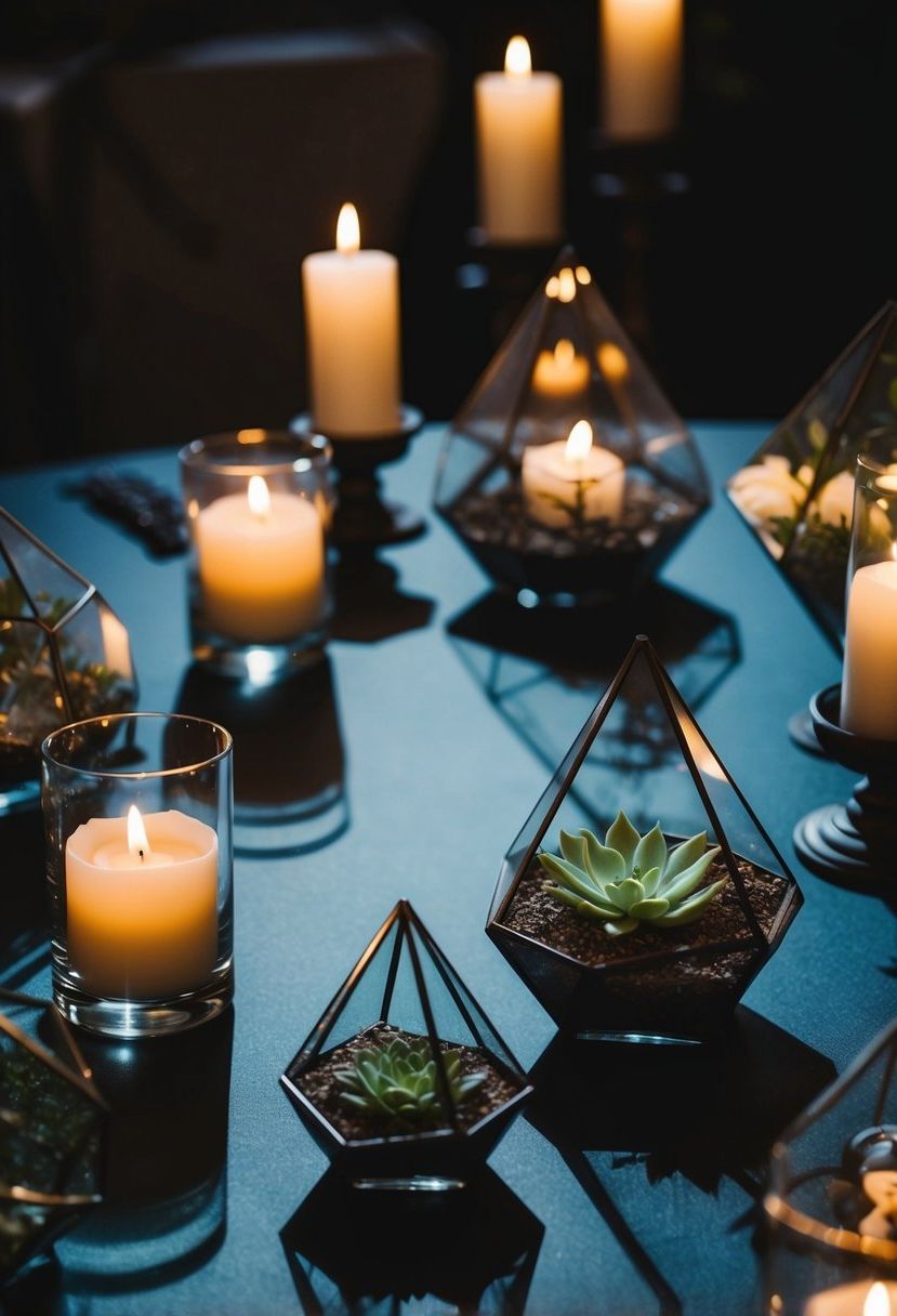 Ethereal geometric terrariums arranged on a dark wedding table, casting intricate shadows in the dim candlelight
