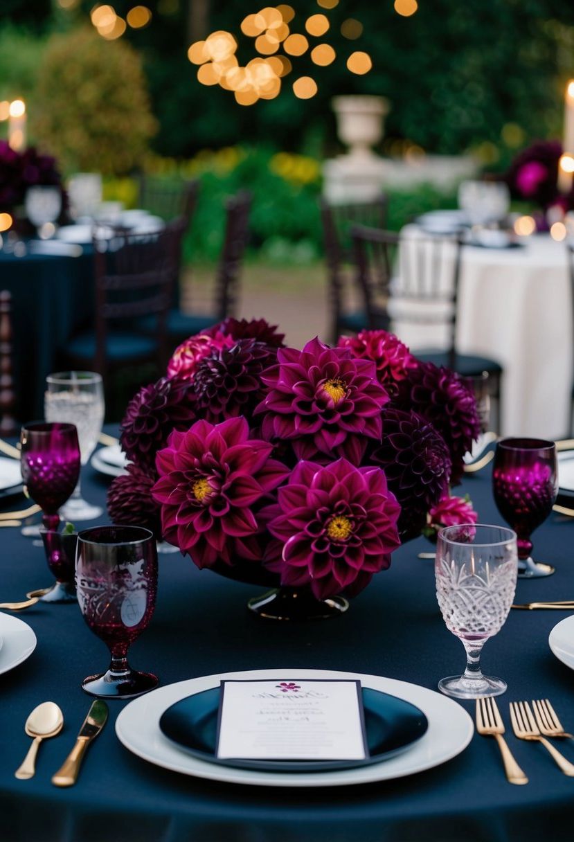 A dark table adorned with plum and burgundy dahlias for a wedding