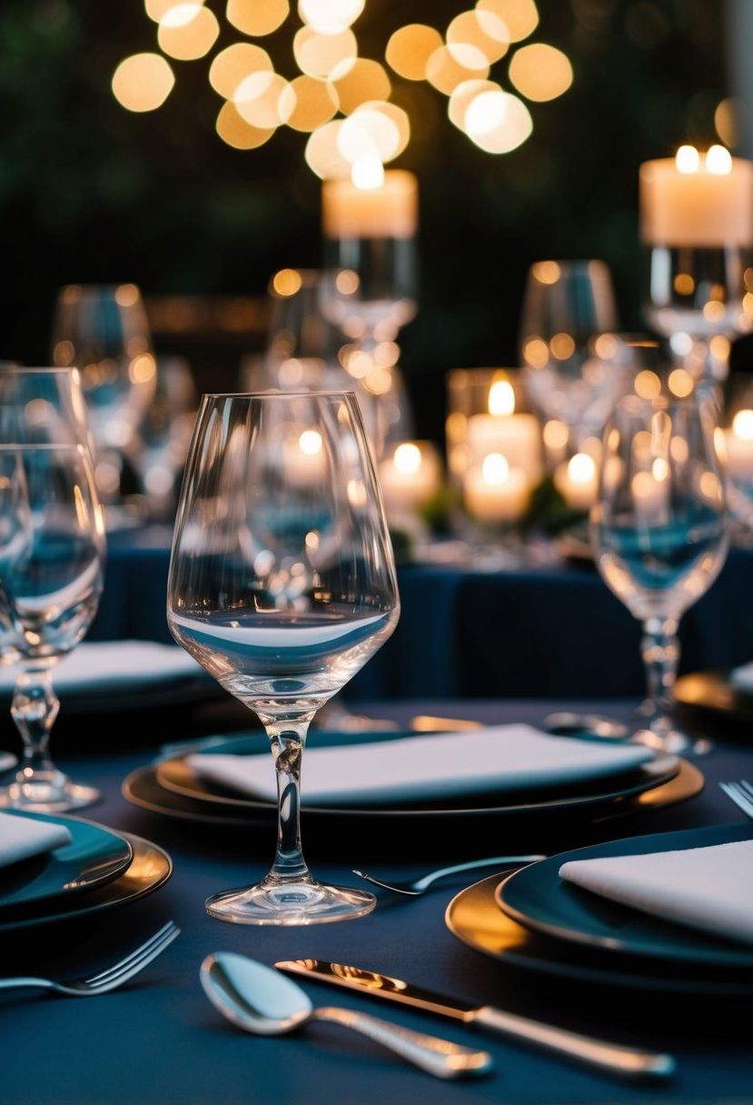 A dimly lit table adorned with smoky glassware for a dark wedding ambiance