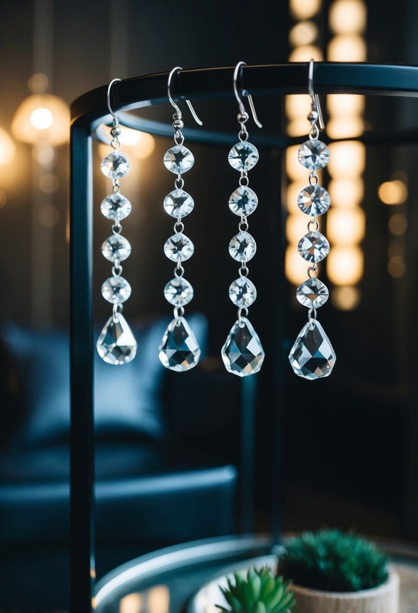 Crystal accents dangle from a black table, casting shimmering reflections in the dimly lit room