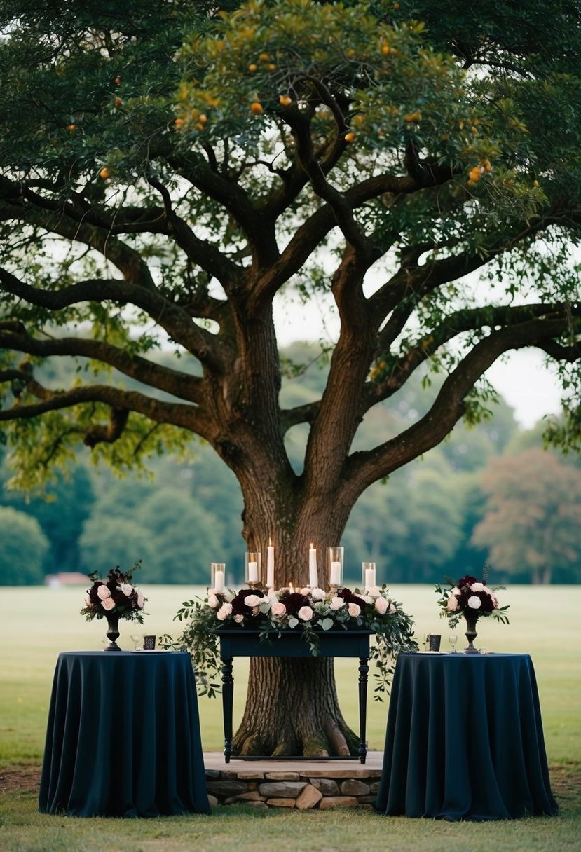 A whimsical tree altar adorned with dark wedding table decorations
