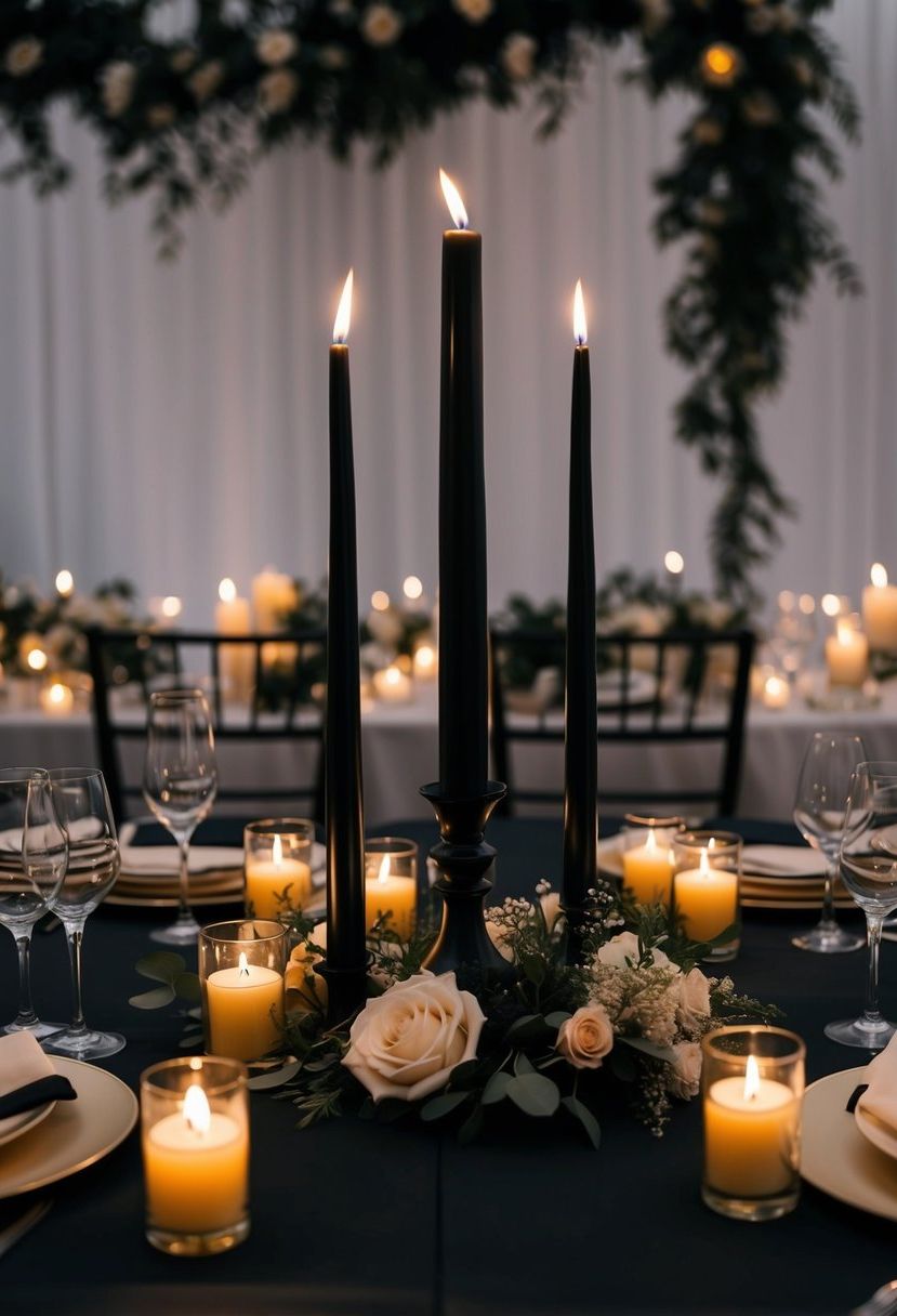 A black taper candle centerpiece stands tall on a dark wedding table, surrounded by moody floral arrangements and flickering candlelight