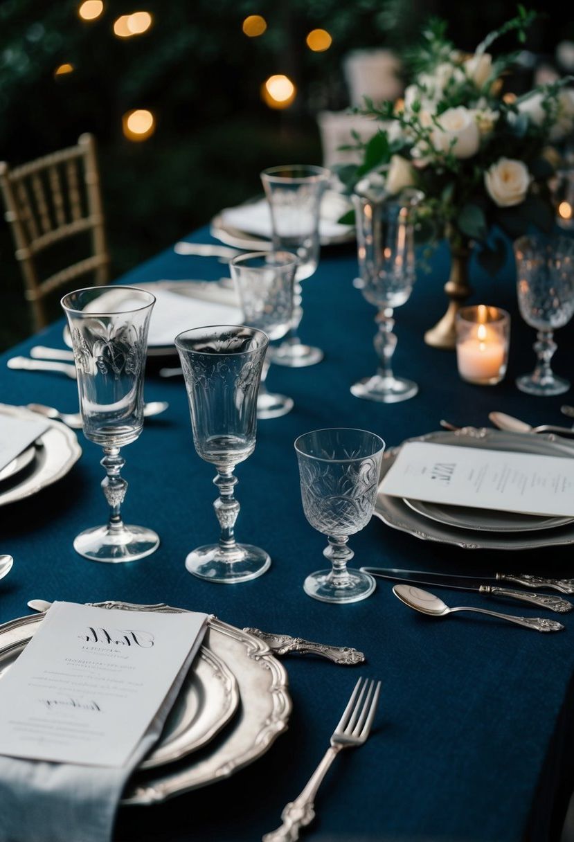 A dark, moody table set with vintage goblets and ornate silverware for a wedding reception
