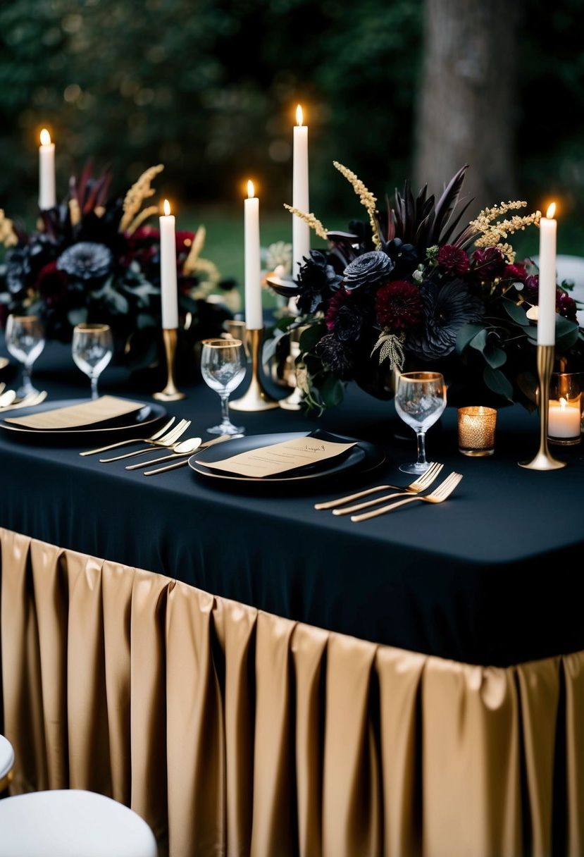 A black tablecloth with gold accents, adorned with dark florals and candles, creating a moody and elegant wedding table setting