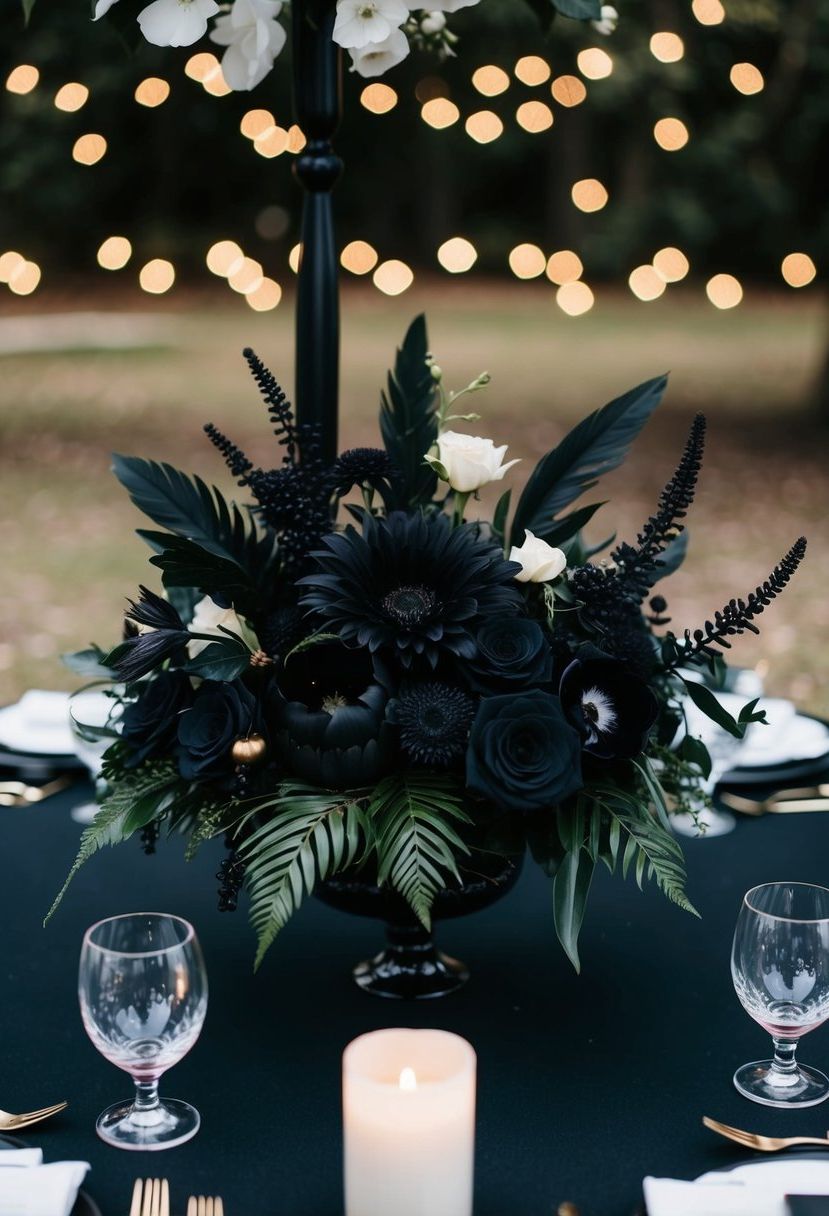 A black floral arrangement with gothic elements adorns a dark wedding table