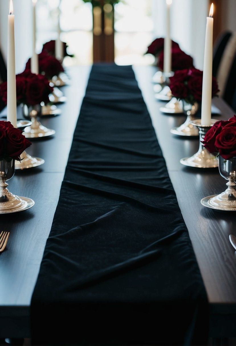 A long, black velvet table runner drapes dramatically across a dark wooden table, adorned with silver candlesticks and deep red roses