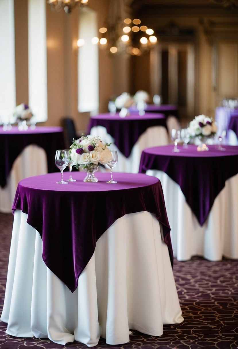 Deep purple velvet tablecloths draped over elegant wedding tables