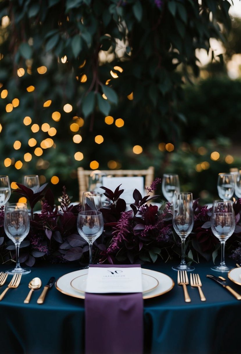 A dark wedding table adorned with rich purple foliage