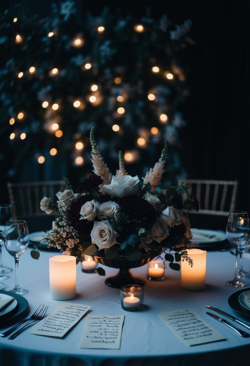 A dimly lit table adorned with moody floral arrangements and handwritten notes, creating an eerie and enchanting atmosphere for a dark wedding