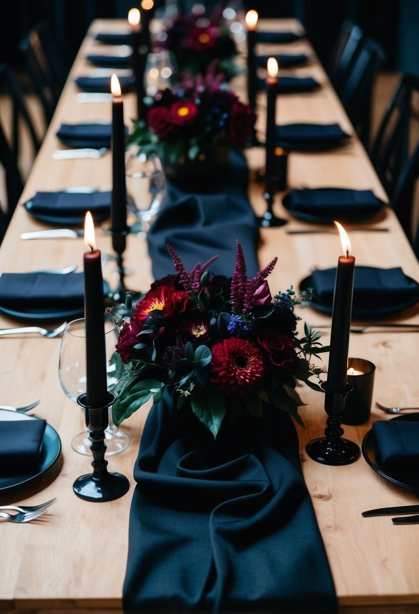 A dimly lit table adorned with deep-hued flowers, black candles, and draped in dark fabric