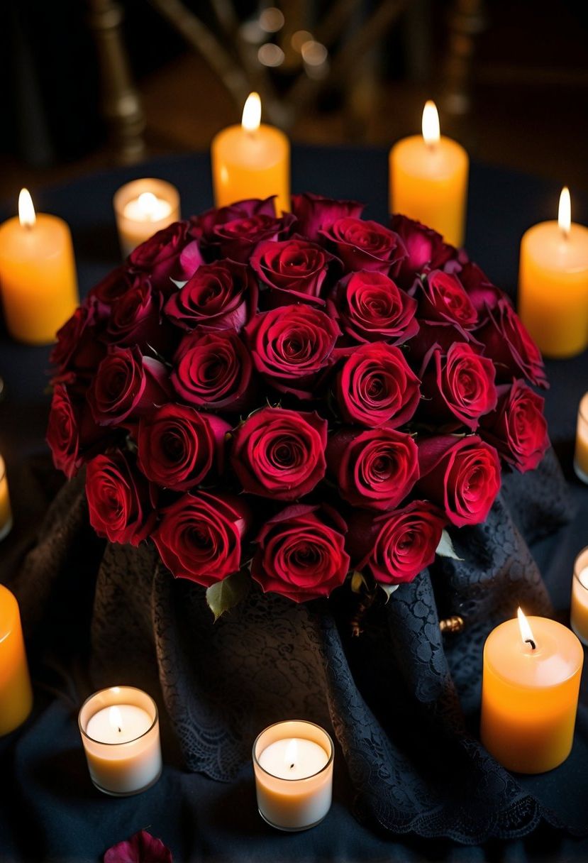 Deep red roses arranged in a cluster on a dark table, surrounded by flickering candles and draped with black lace
