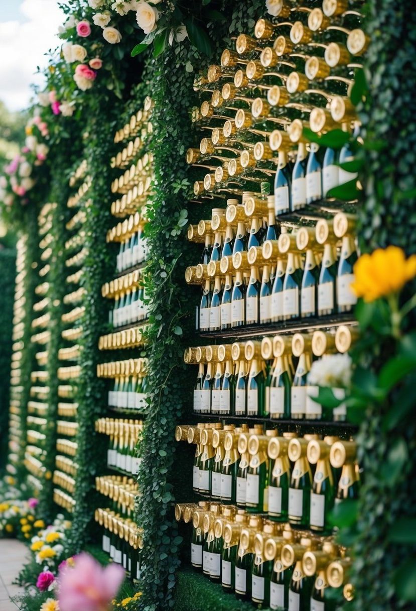 A lush garden with cascading walls of champagne bottles, filled with vibrant greenery and flowers, creating a stunning backdrop for a wedding