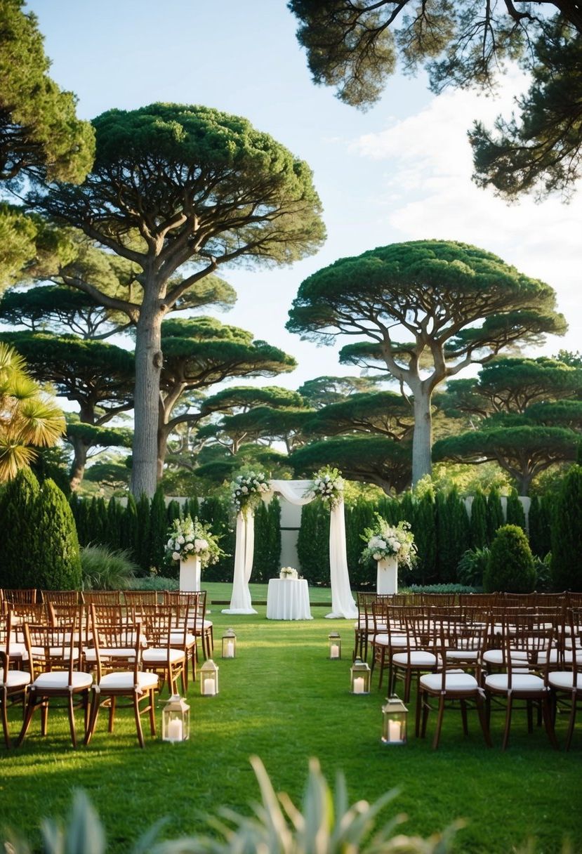 A serene garden venue with towering trees, creating a picturesque setting for a wedding ceremony