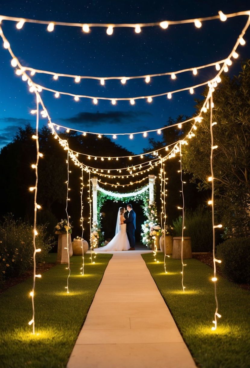 A winding garden pathway lined with twinkling fairy lights, leading to a magical wedding ceremony under a starry night sky