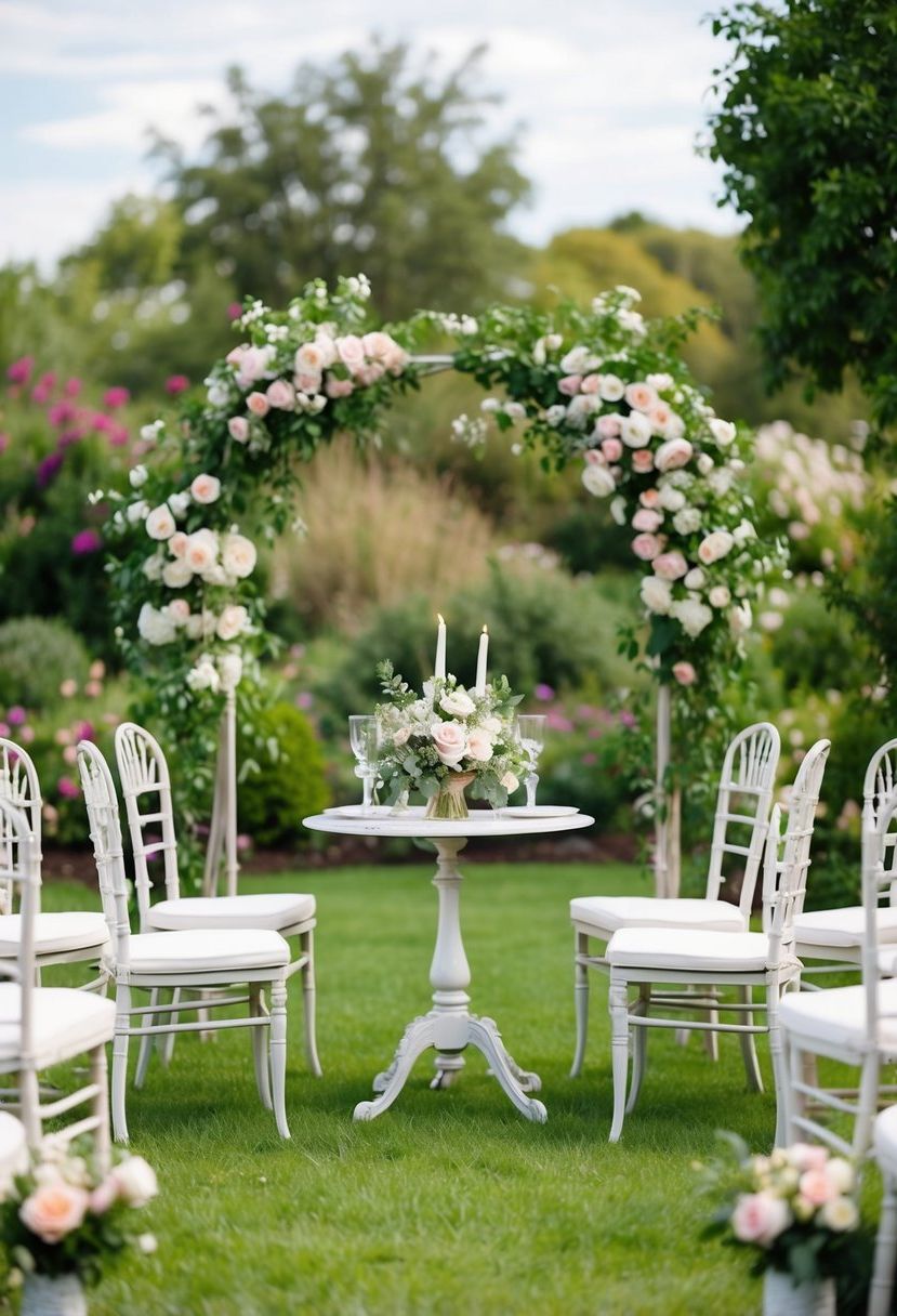 A charming vintage garden furniture set arranged for a romantic wedding ceremony amidst blooming flowers and lush greenery