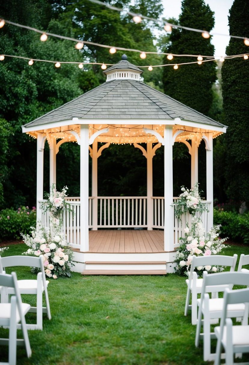 A charming gazebo stands in a lush garden, adorned with delicate flowers and twinkling fairy lights, ready for a romantic wedding ceremony