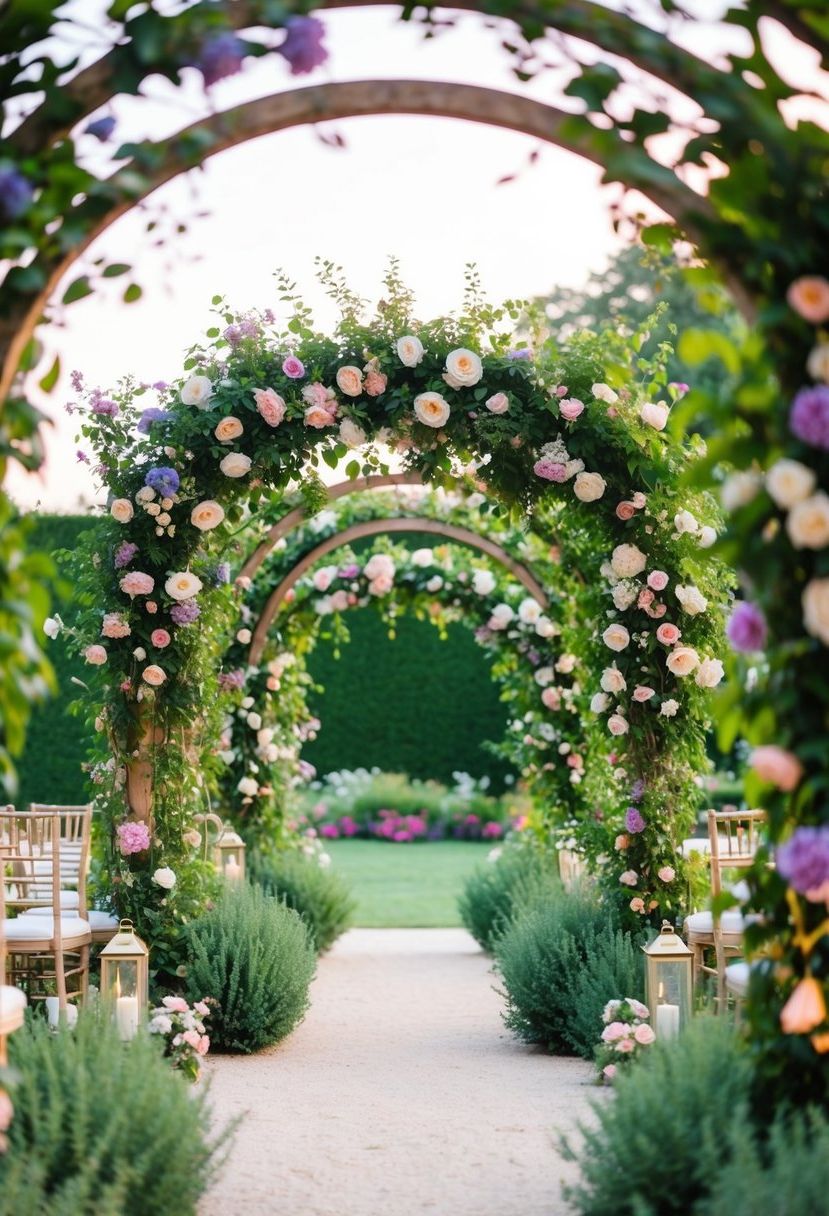 A garden filled with vibrant floral arches and lush greenery, creating a romantic and enchanting atmosphere for a wedding