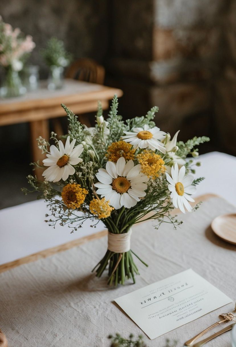 A delicate bouquet of pressed flowers adorns a rustic table, ready to be used for handmade wedding invitations