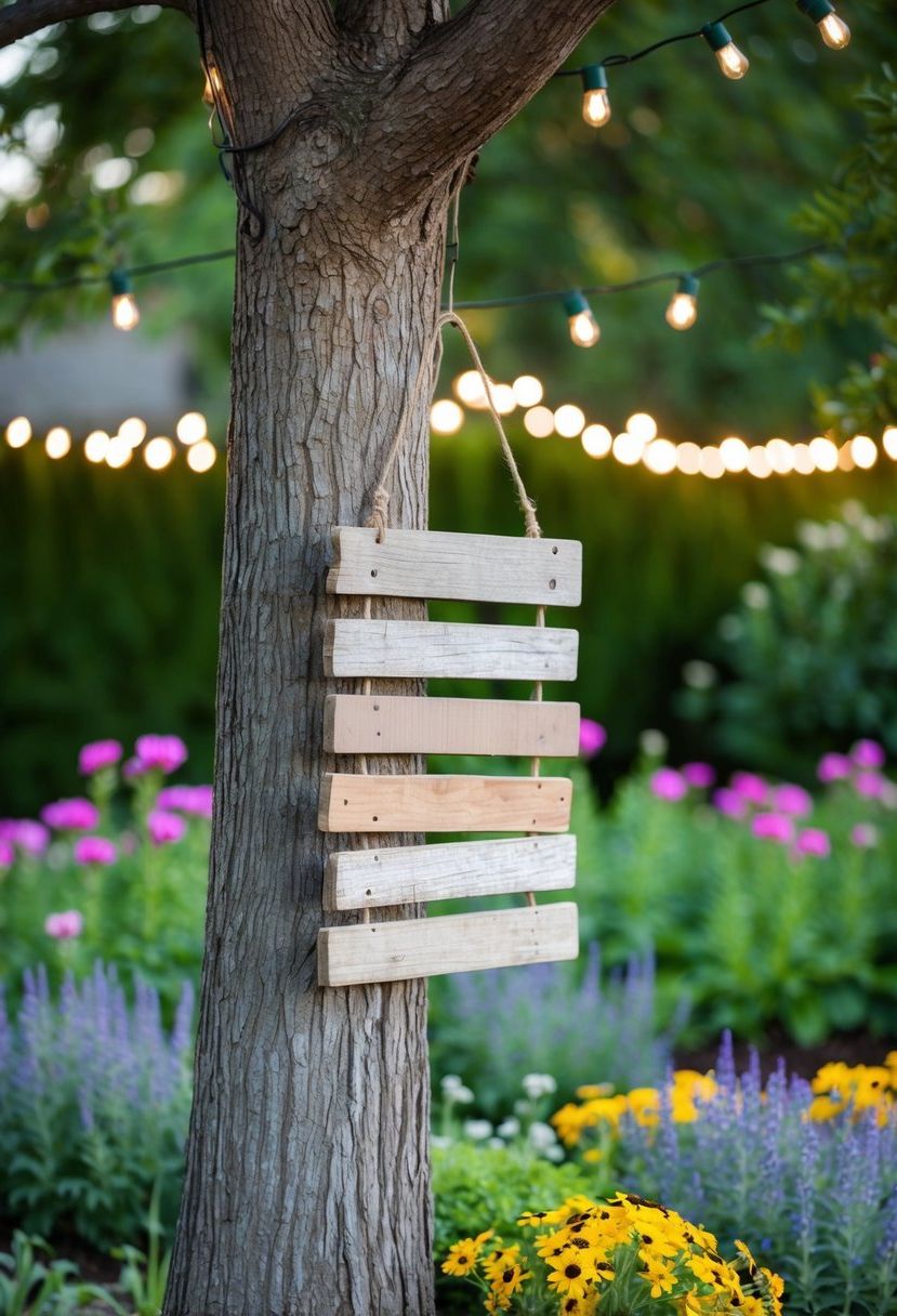 A weathered wooden sign hangs from a tree, surrounded by wildflowers and twinkling lights in a lush garden setting