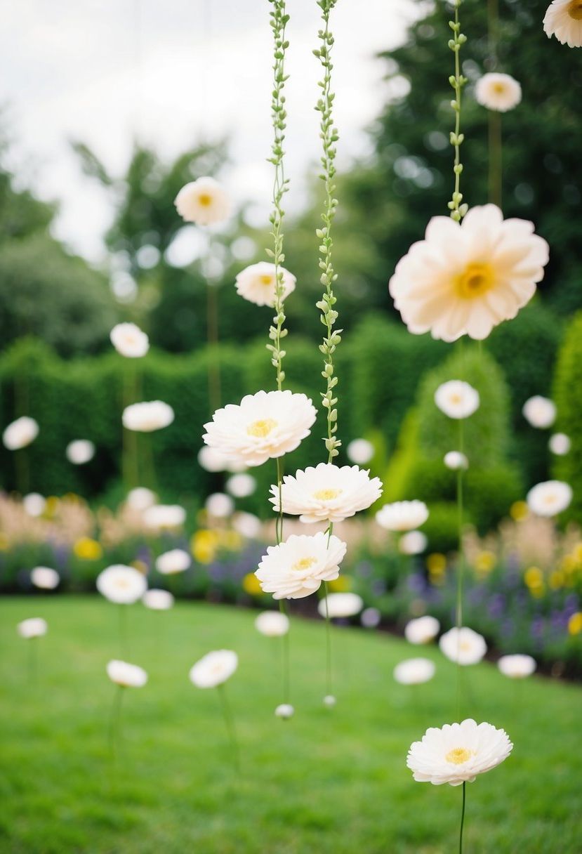 A serene garden with floating flower installations, creating a dreamy atmosphere for a wedding