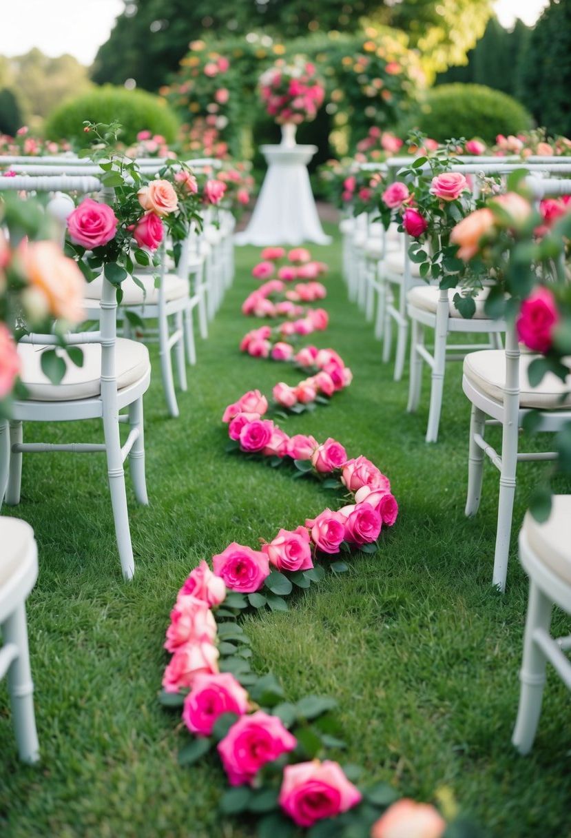 A lush garden aisle lined with a spiral of vibrant roses, creating a romantic and enchanting atmosphere for a wedding ceremony