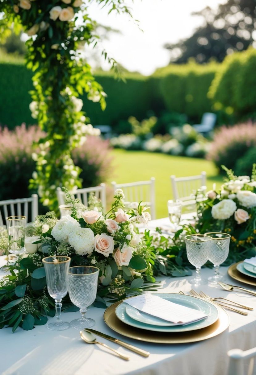 A garden wedding with lush florals adorning an ornate table setting