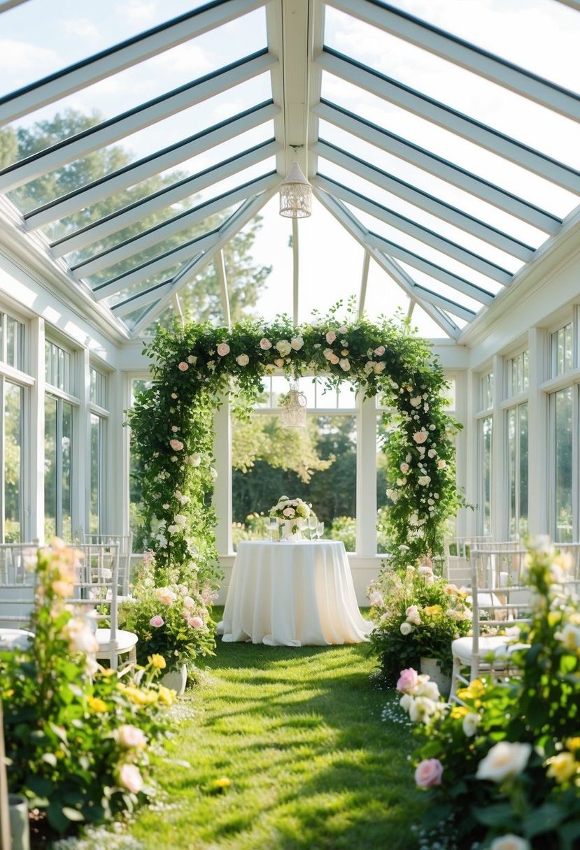 A sun-drenched sunroom with lush greenery and blooming flowers, set up for a garden wedding with elegant decor and soft, natural lighting