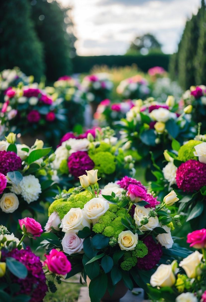 Lush, vibrant bouquets fill a garden, creating a dramatic and romantic atmosphere for a wedding